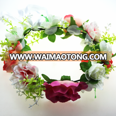 Handmade flower crown wreath headband crown halo floral hair garland headpiece with ribbon festival wedding party